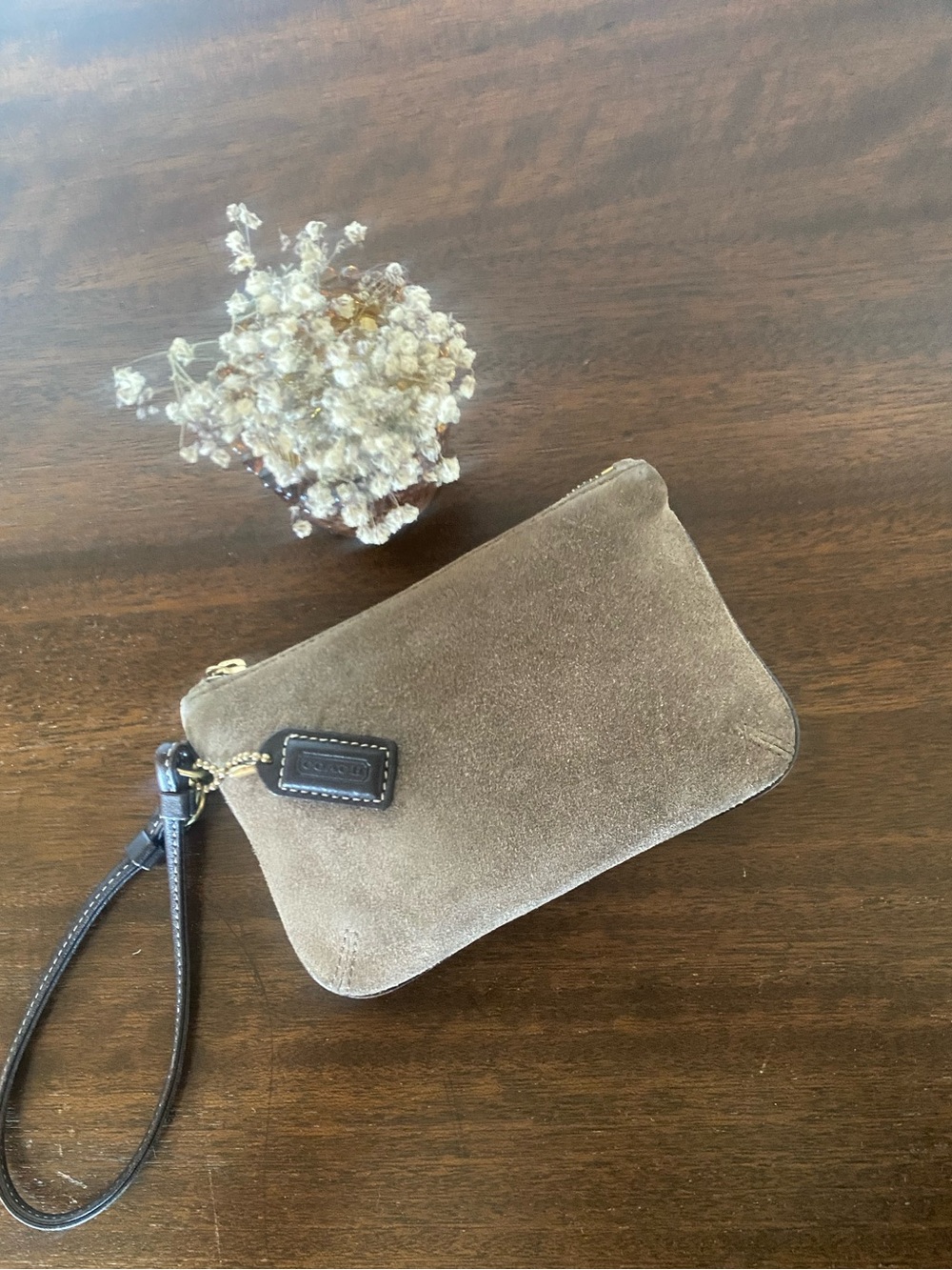 COACH Olive Green Suede Wristlet Clutch